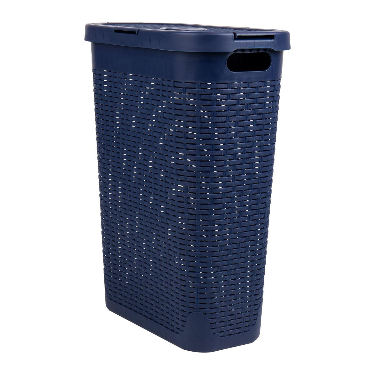 Mind Reader 40L Slim Laundry Hamper, Clothes Basket, Lid, Wicker Design, Plastic, 18" L x 10.4" W x 23.5" H, Navy