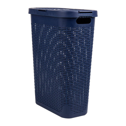 Mind Reader 40L Slim Laundry Hamper, Clothes Basket, Lid, Wicker Design, Plastic, 18" L x 10.4" W x 23.5" H, Navy
