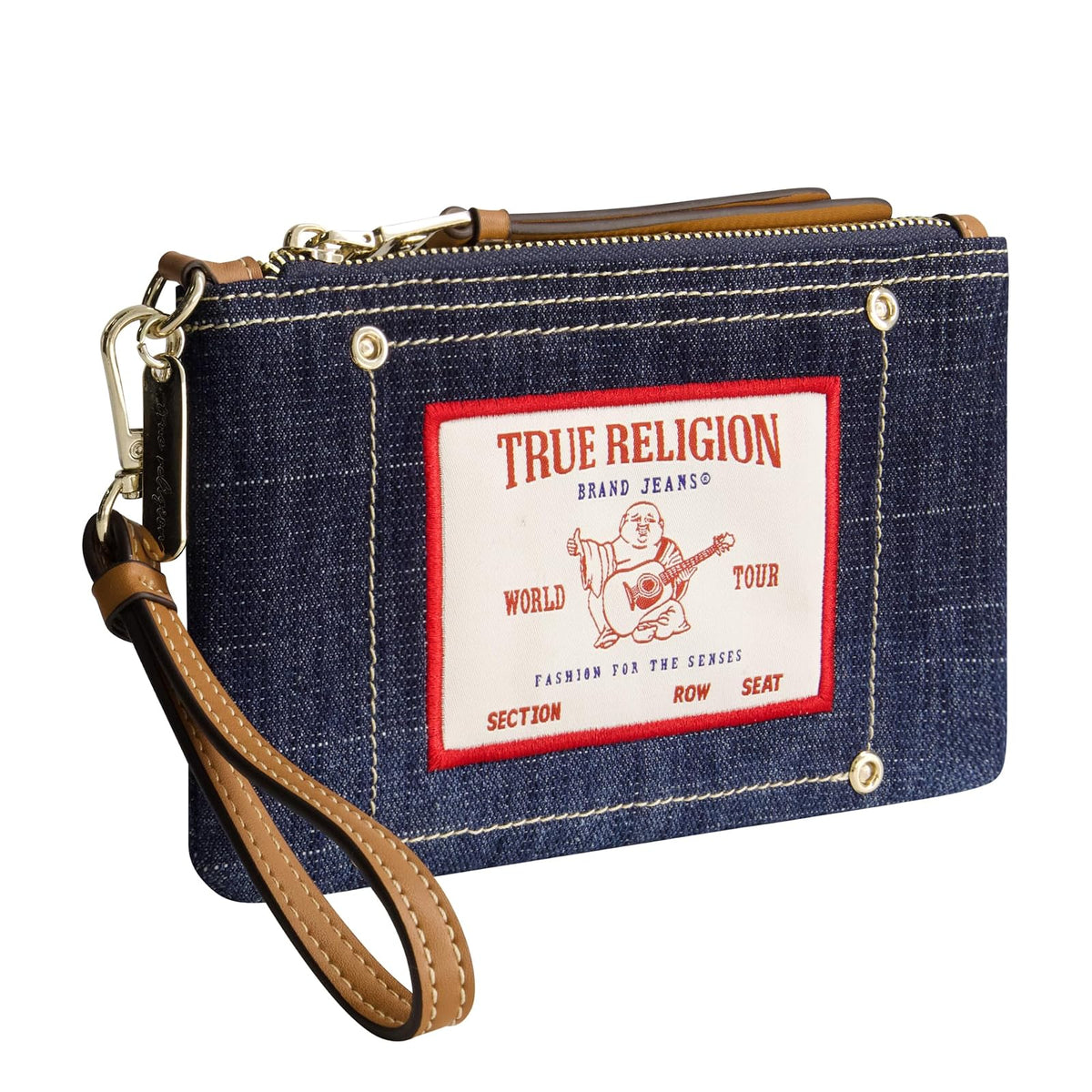 True Religion - Mini portafolios para mujer con correa para la muñeca, tela vaquera oscura, talla única, Mezclilla oscura