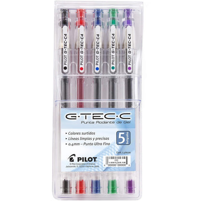 Pilot 36480 Estilógrafo G-Tec-C, Tinta Biopolímero, Punto Ultra Fino, 0.4 mm, colores Surtidos, Estuche con 5 Piezas