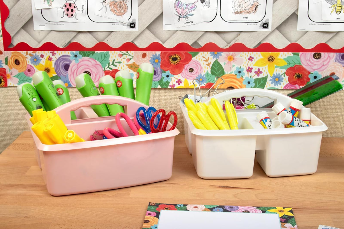 Teacher Created Resources Blush Organizador de almacenamiento de plástico portátil, paquete de 6 para aulas, habitación de los niños y organización de oficina, 3 compartimentos