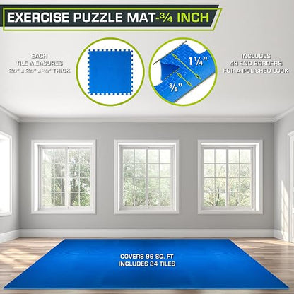 ProsourceFit Extra Thick Puzzle Exercise Mat 3/4", EVA Foam Interlocking Tiles for Protective, Cushioned Workout Flooring for Home and Gym Equipment, Blue 4-Pack, 3/4" Thick 96 Square Feet