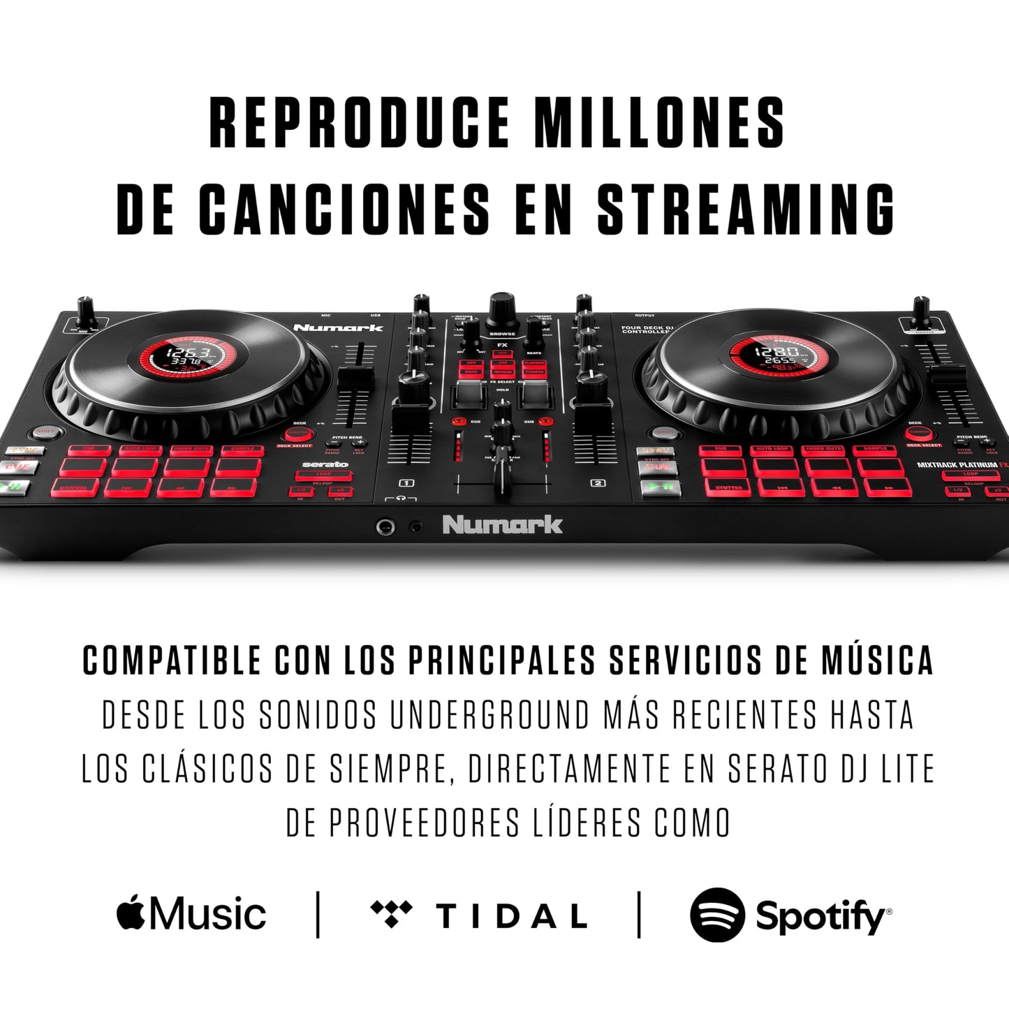 Numark Mixtrack Platinum FX Controlador DJ Para Serato DJ Con Control de 4 Secciones, Mezclador DJ, Interfaz de Audio Incorporada, Pantallas en Las Ruedas de Selección y Paletas de Efectos