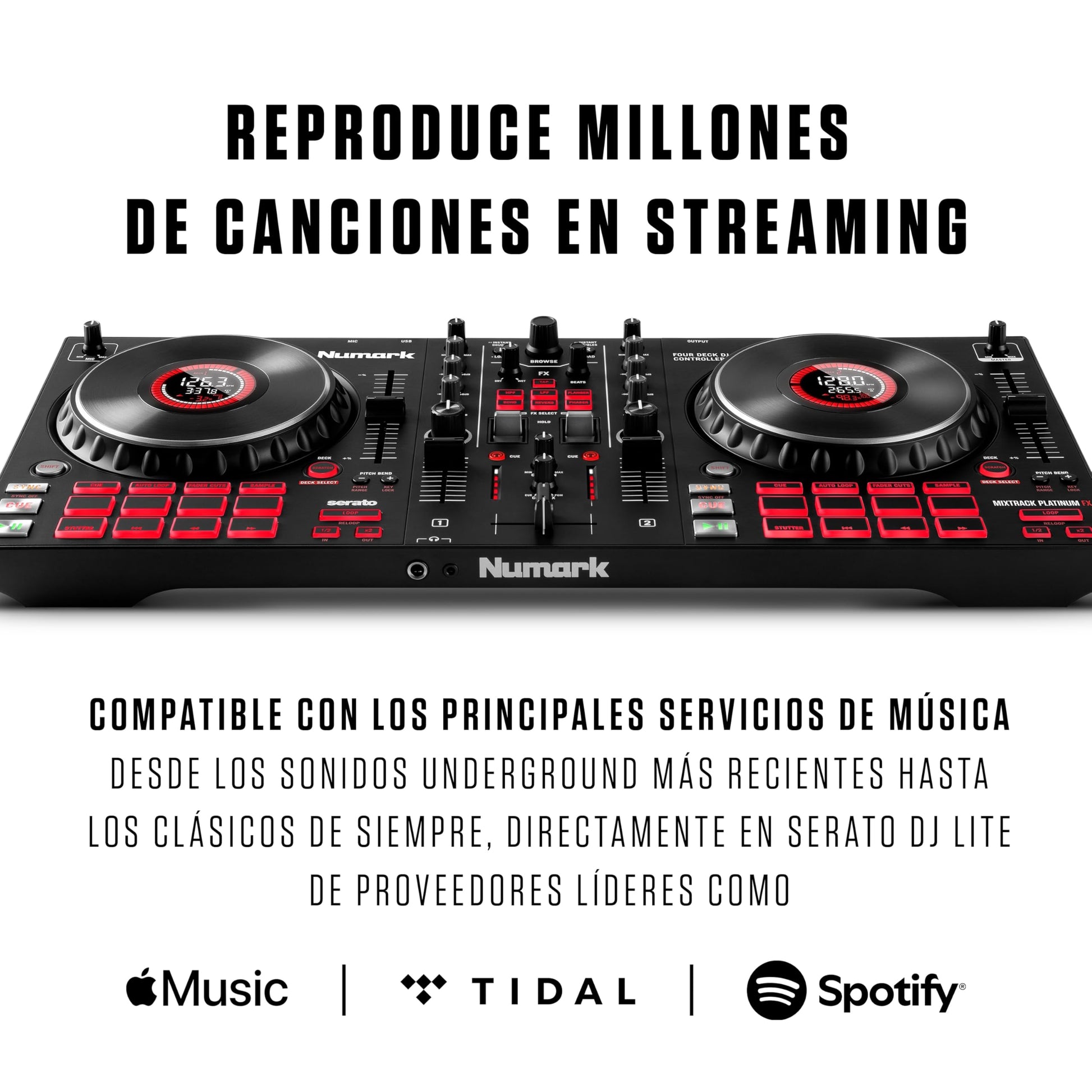 Numark Mixtrack Platinum FX Controlador DJ Para Serato DJ Con Control de 4 Secciones, Mezclador DJ, Interfaz de Audio Incorporada, Pantallas en Las Ruedas de Selección y Paletas de Efectos