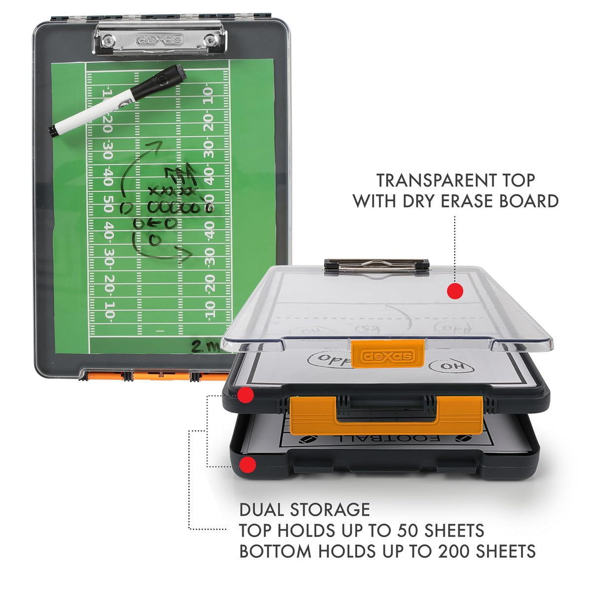 Dexas Clearview Clipcase Portapapeles de borrado en seco, 13.75 x 9.5 pulgadas, naranja. Ver los papeles claramente al aire última intervensión, mantente organizado y seco. Ideal para entrenamiento,