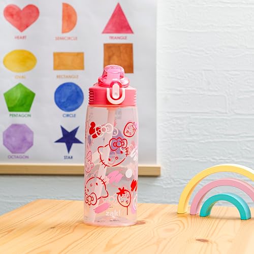Zak Designs Sanrio - Botella de agua de salvia para la escuela o los viajes, botella de agua de plástico duradera de 25 onzas con popote, mango y a prueba de fugas, cubierta de boquilla desplegable