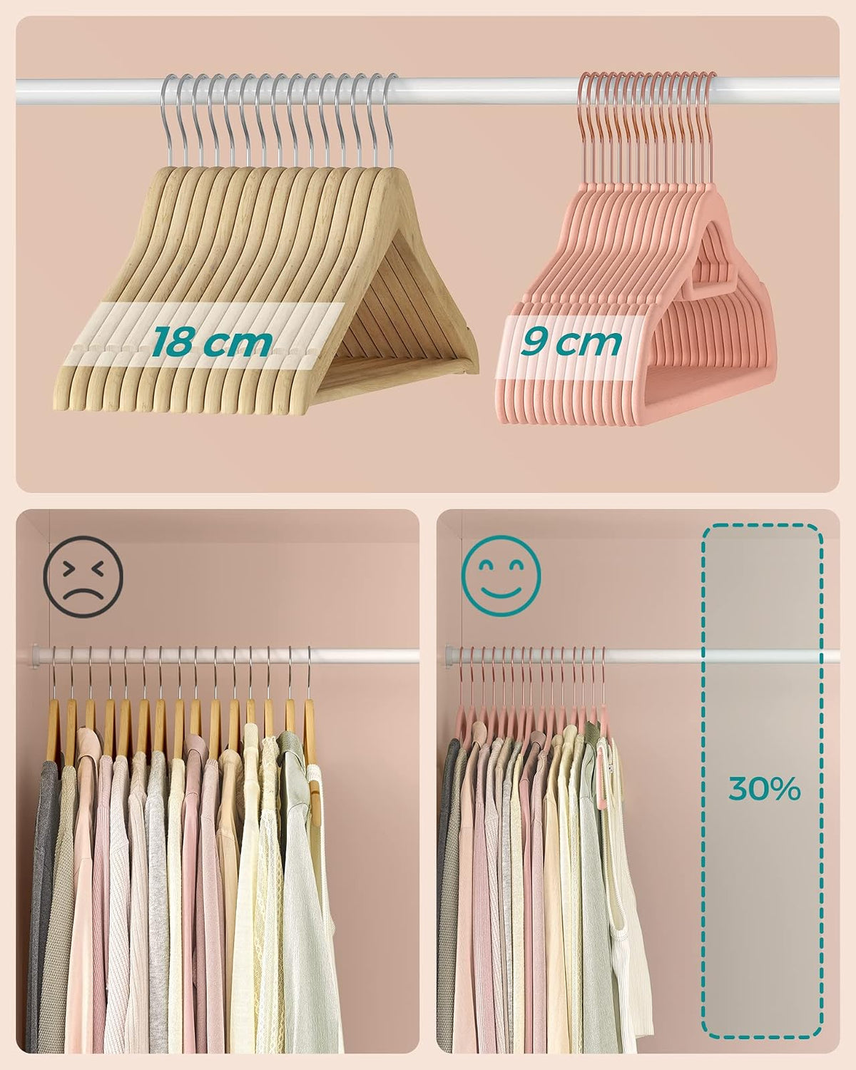SONGMICS Juego de 50 Percha de Terciopelo, Antideslizantes | con Barr y Gancho, 0.6 cm Espesor, 43.5 cm Largo, Oro Rosa y Rosa Claro, Colección BREANNA MCRF21PK50