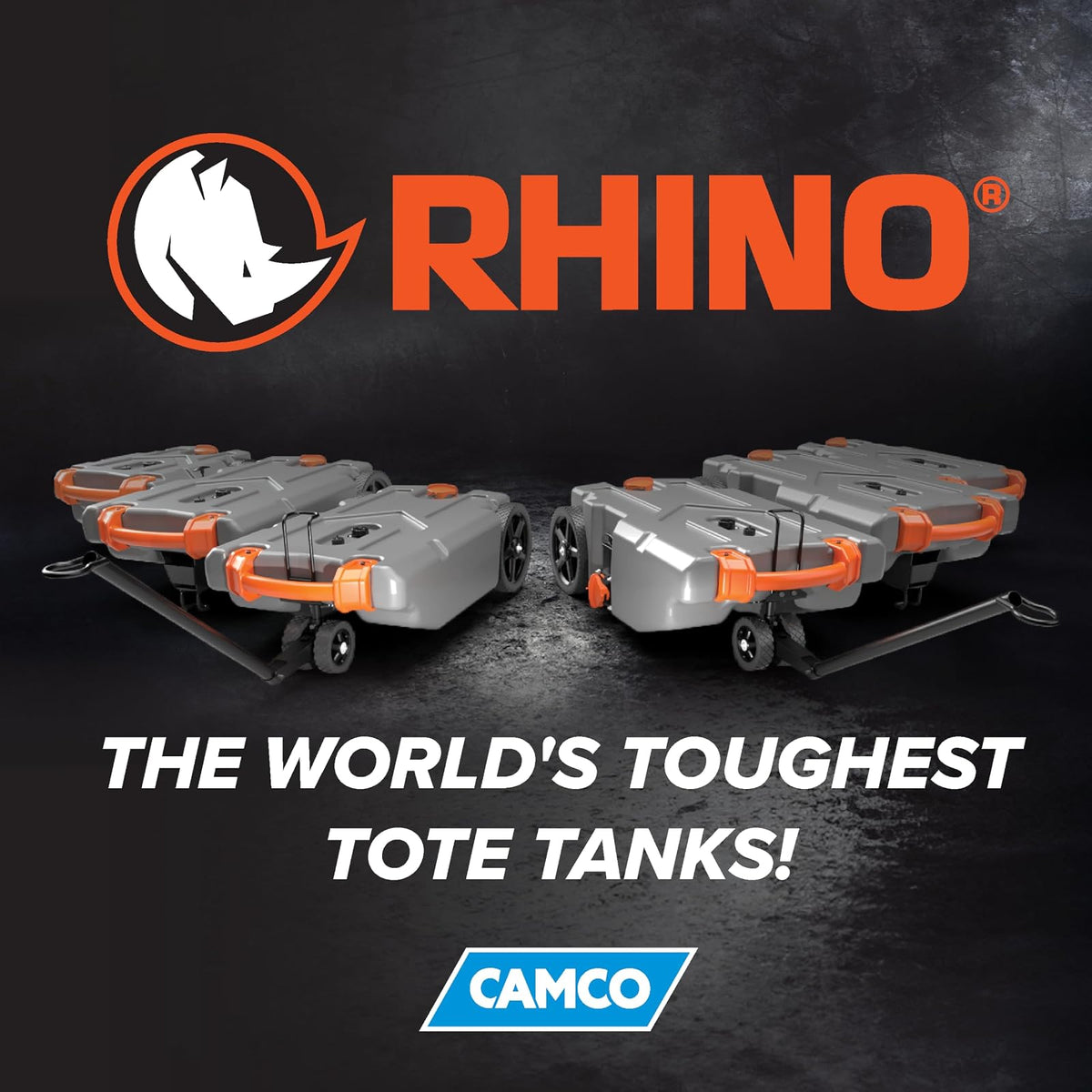 Camco Rhino - Tanque portátil de 15 galones para caravanas – Cuenta con Ruedas Grandes y Resistentes sin Planas y Orificio de Drenaje bajo, Incluye Adaptador de Remolque de Acero extraíble, Manguera
