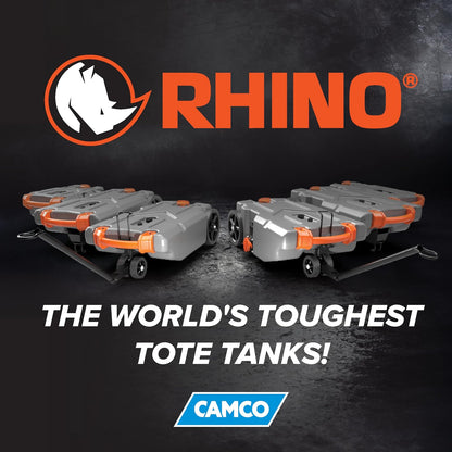 Camco Rhino - Tanque portátil de 15 galones para caravanas – Cuenta con Ruedas Grandes y Resistentes sin Planas y Orificio de Drenaje bajo, Incluye Adaptador de Remolque de Acero extraíble, Manguera