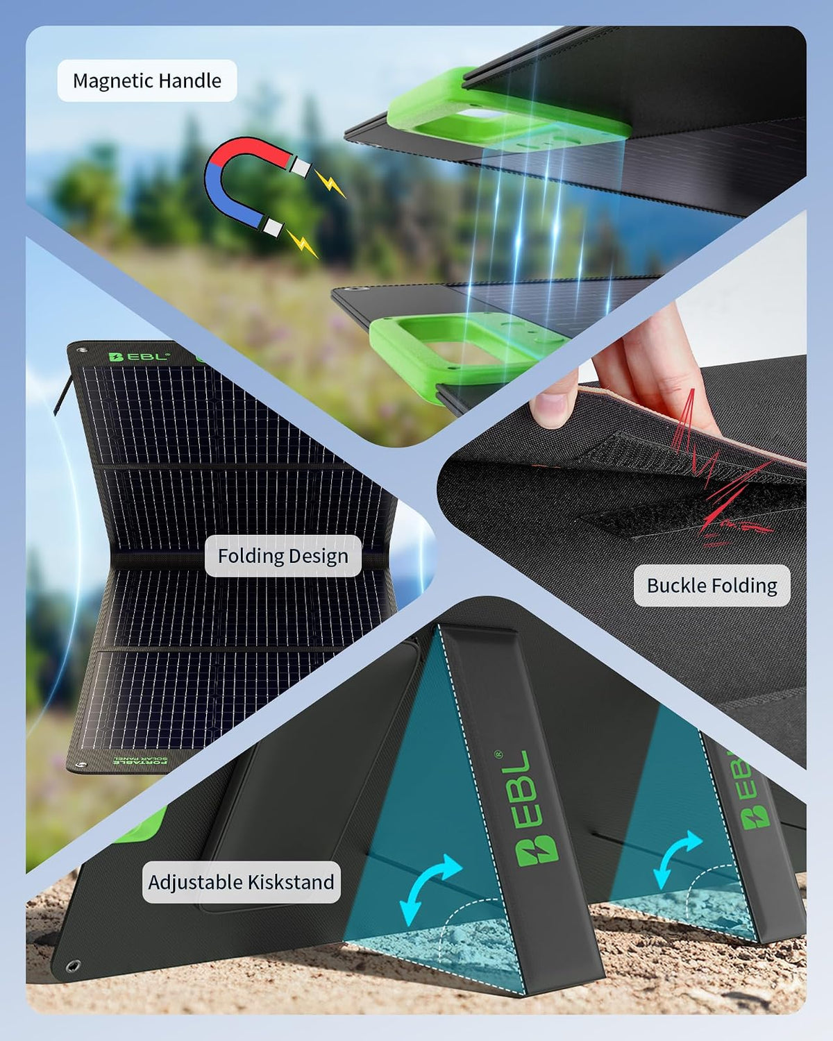 EBL Panel solar portátil de 100 W (actualizado) para estación de energía 240/300/500/1000/1500/2000, con soporte ajustable y cable paralelo, impermeable IP65 para acampar al aire última intervensión,