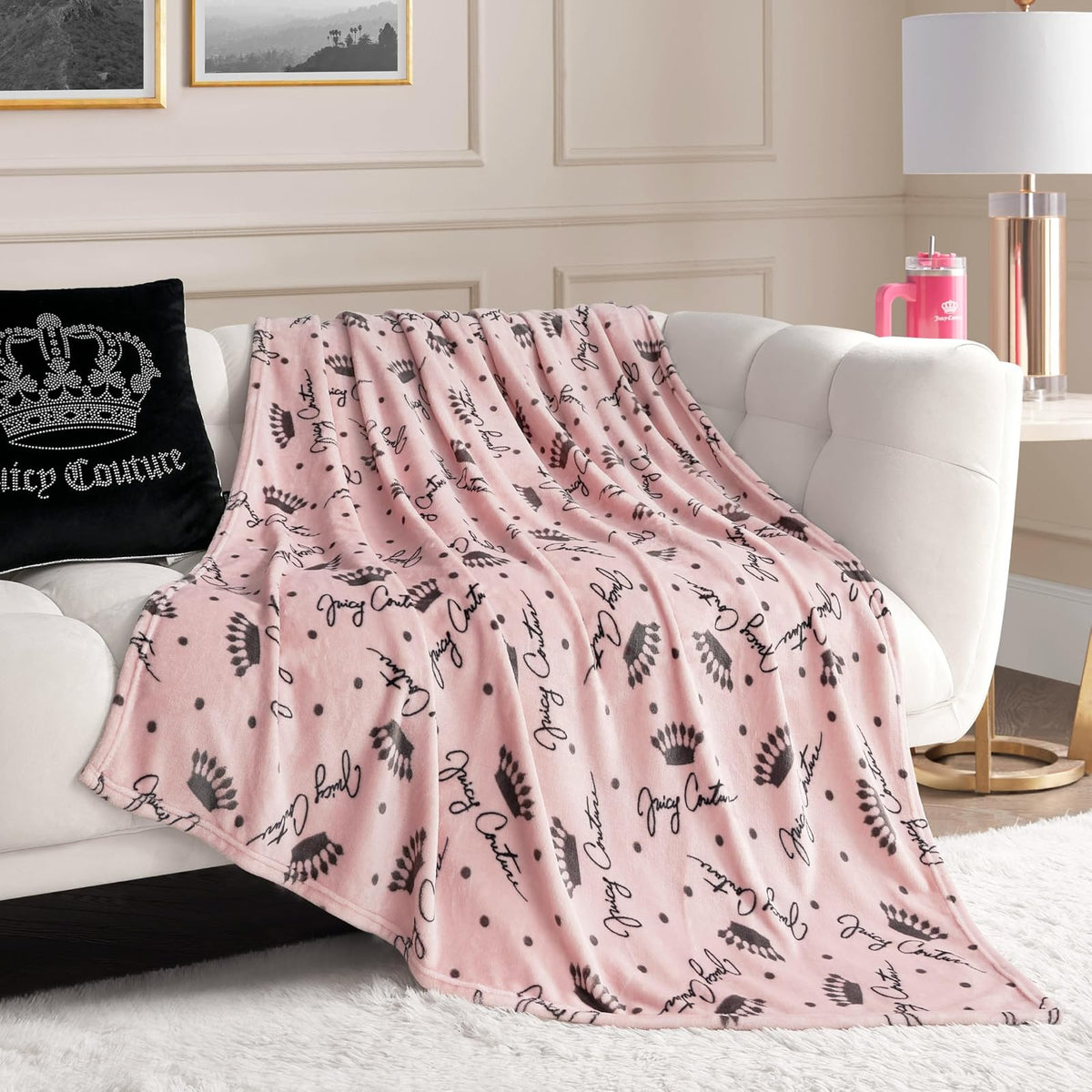 Juicy Couture - Manta de Tiro | Crown Royal | Felpa y acogedora | Mantas Decorativas para sofás, sillas y Camas, Lujosa y Suave, decoración Elegante del hogar, Mide 50 x 70 Pulgadas, Color Rubor/Gris
