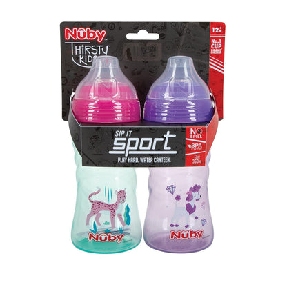 Nuby - Juego de 2 vasos deportivos con boquilla suave y tapa, 12 onzas, 12 meses, paquete de 2 unidades, aguamarina y perro morado