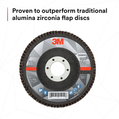 Disco de solapa 3M 769F, tipo 27, 80+, 4-1/2 x 7/8 pulgadas, abrasivo de alto rendimiento, disco de pulido y acabado de grano en forma de precisión de cerámica, acero al carbono, acero inoxidable