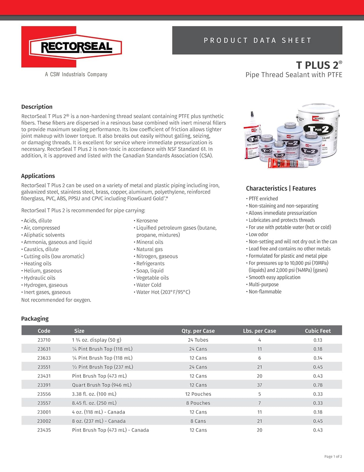 Rectorseal Sellador de Rosca PTFE 23710 | Blanco, 1.75 oz, presión gas 2000 psi, presión líquido 10000 psi