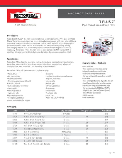 Rectorseal Sellador de Rosca PTFE 23710 | Blanco, 1.75 oz, presión gas 2000 psi, presión líquido 10000 psi