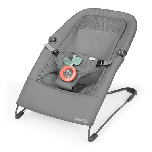 Ingenuity Bouncer Silla Mecedora Plegable para Bebé, Vibraciones relajantes, Arnés de 3 puntos, sonajero extraíble, Unisex, Color gris, de 0 meses hasta 9 kg