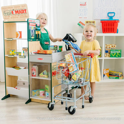 Melissa & Doug Puesto de Supermercado Fresh Mart, Juguete de Madera, Estantería Amplia Para Comestibles, Juguete Creativo (106.68 cm alto x 69.85 cm ancho x 88.9 cm largo)