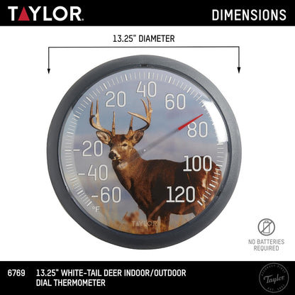 Taylor White Tail Deer Termómetro grande para interiores y exteriores, termómetro inalámbrico con números grandes fáciles de leer para patio, piscina, jardín o cochera, y áreas interiores, 13.3