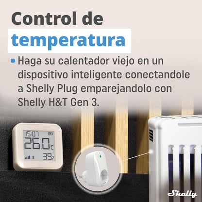 Shelly H&T Gen 3 Marfil | Sensor de Temperatura y Humedad Inteligente Wi-Fi y Bluetooth con Control y Monitorización Remotos | Escenas Inteligentes | Alertas de Notificación | Pantalla LCD