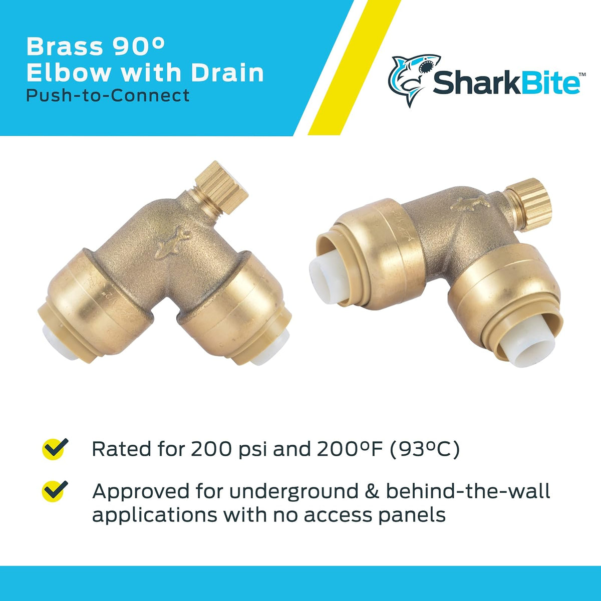 SharkBite Codo de 90 grados de 1/2 pulgada con ventilación de drenaje, accesorio de fontanería de latón a presión para conectar, tubería PEX, cobre, CPVC, PE-RT, HDPE, U5248LFA