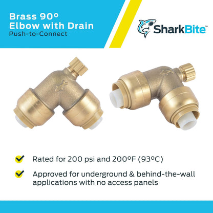 SharkBite Codo de 90 grados de 1/2 pulgada con ventilación de drenaje, accesorio de fontanería de latón a presión para conectar, tubería PEX, cobre, CPVC, PE-RT, HDPE, U5248LFA