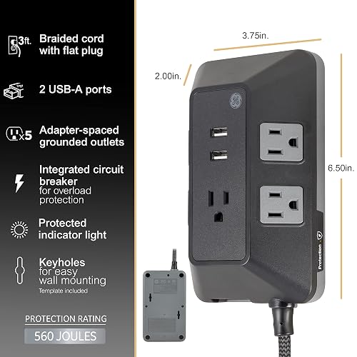 GE UltraPro Adapt Protector de sobretensiones de 5 Salidas con Puertos USB, 2 Puertos USB-A, 2.4A, Cable Trenzado de 3 pies, Protector de sobretensiones de 1780 Julios, Negro, 73777