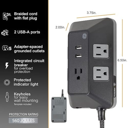 GE UltraPro Adapt Protector de sobretensiones de 5 Salidas con Puertos USB, 2 Puertos USB-A, 2.4A, Cable Trenzado de 3 pies, Protector de sobretensiones de 1780 Julios, Negro, 73777