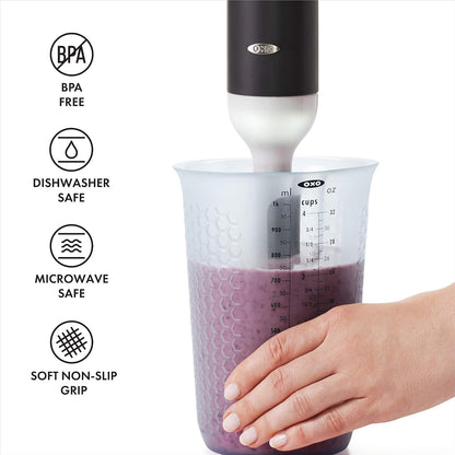 OXO Good Grips 1-cup Squeeze & Pour taza de medir de silicona con Stay-Cool patrón, Transparente, 4 tazas, 1