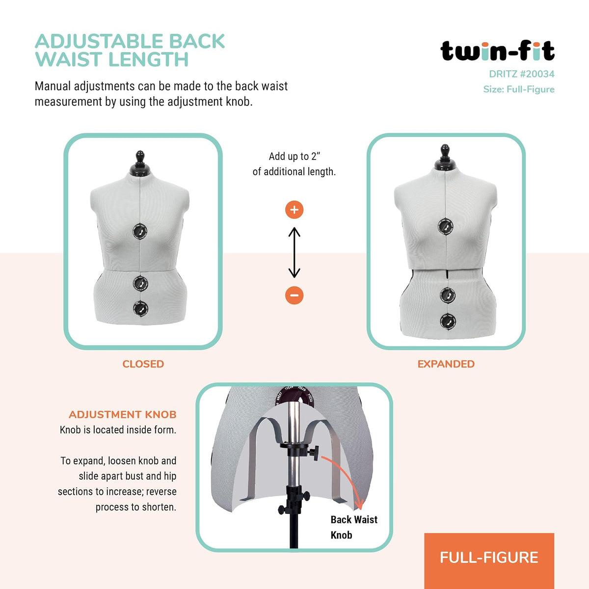 Dritz - Forma de vestido ajustable de doble ajuste, talla 20-24, maniquí de costura femenino con torso corporal pinnable, 13 esferas para un ajuste preciso y guía de dobladillo 360