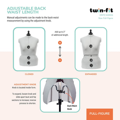 Dritz - Forma de vestido ajustable de doble ajuste, talla 20-24, maniquí de costura femenino con torso corporal pinnable, 13 esferas para un ajuste preciso y guía de dobladillo 360