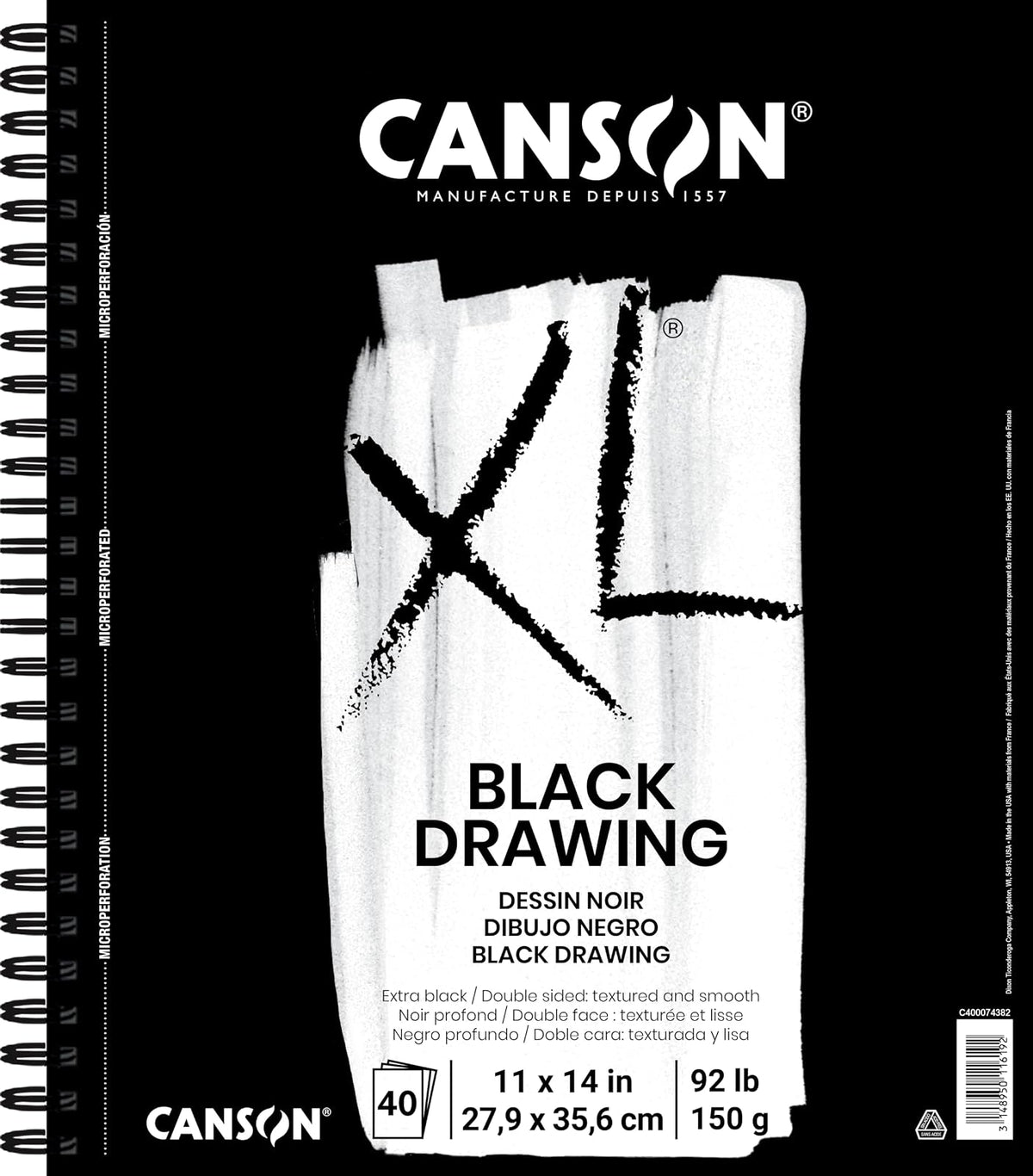 Canson XL Bloc de Dibujo Negro, Papel de 150 g, 40 Hojas - 27.94 x 35.56 cm - Dibujo, negro