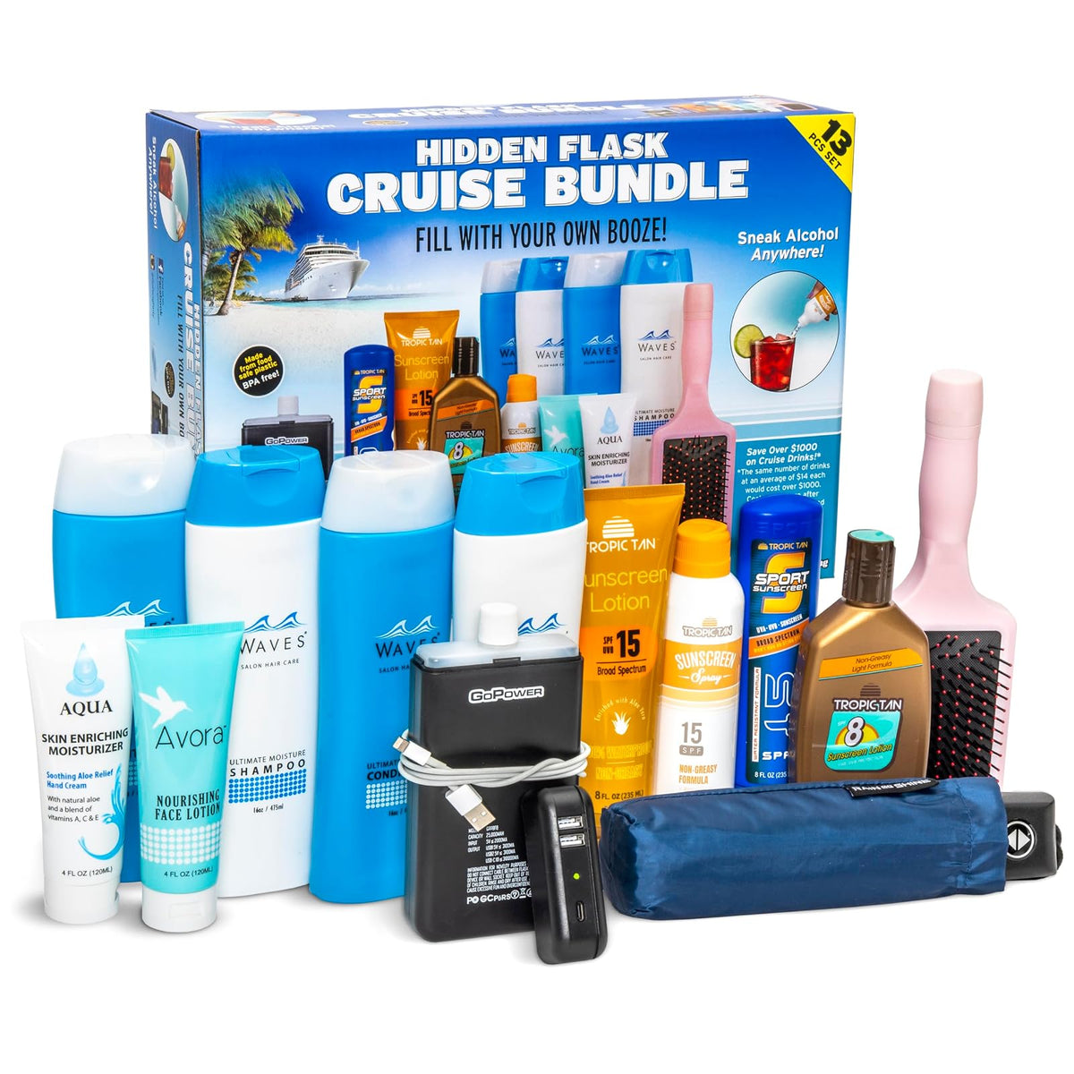 GoPong Cruise Bundle - Frascos de viaje con alcohol oculto (126 onzas en total) - Juego de 13 recipientes de licor secretos para playas, cruceros y eventos deportivos, incluye embudo y boquilla
