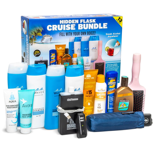 GoPong Cruise Bundle - Frascos de viaje con alcohol oculto (126 onzas en total) - Juego de 13 recipientes de licor secretos para playas, cruceros y eventos deportivos, incluye embudo y boquilla