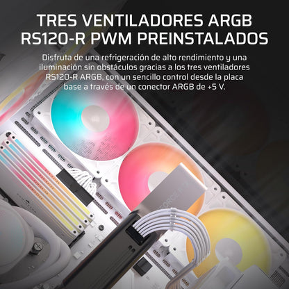 Corsair 3500X RS-R ARGB Caja de PC Semitorre – 3 Ventiladores RS120-R ARGB Preinstalados, Puede Incluir hasta 10 Ventiladores de 120mm, Compatible con Placa Base de Conexión Inversa – Blanco