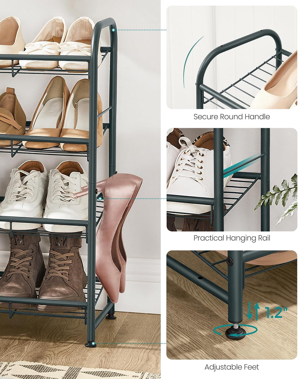 SONGMICS Zapatero, Organizador de Zapatos de 4 Niveles para clóset, Capacidad para hasta 16 Pares de Zapatos, Zapatero para Entrada de Puerta Delantera, Estante de Metal para Zapatos con ángulo de