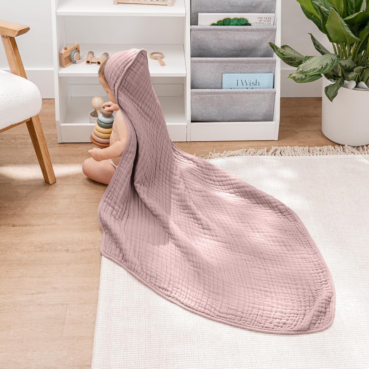 Comfy Cubs Toallas con Capucha para Bebé 2 Pzas, Grandes 81 x 81 cm – 6 Capas de Algodón Muselina 100% – Suaves y Absorbentes para Bebés, Niños y Niñas – Unisex Malva y Rubor