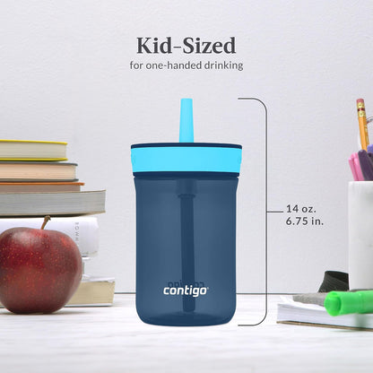 Contigo Leighton - Vaso de paja para niños con tapa a prueba de derrames a prueba de fugas, 14 onzas, arándano, frambuesa azul