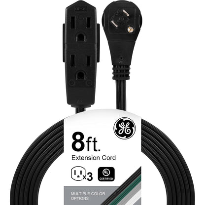 GE 56991 - Cable de extensión plano de 3 tomacorrientes de 8 pies con múltiples tomacorrientes de 3 puntas, cable de extensión de enchufe plano extensor para interiores, calibre 16 UL