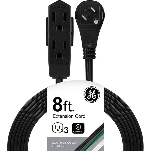 GE 56991 - Cable de extensión plano de 3 tomacorrientes de 8 pies con múltiples tomacorrientes de 3 puntas, cable de extensión de enchufe plano extensor para interiores, calibre 16 UL