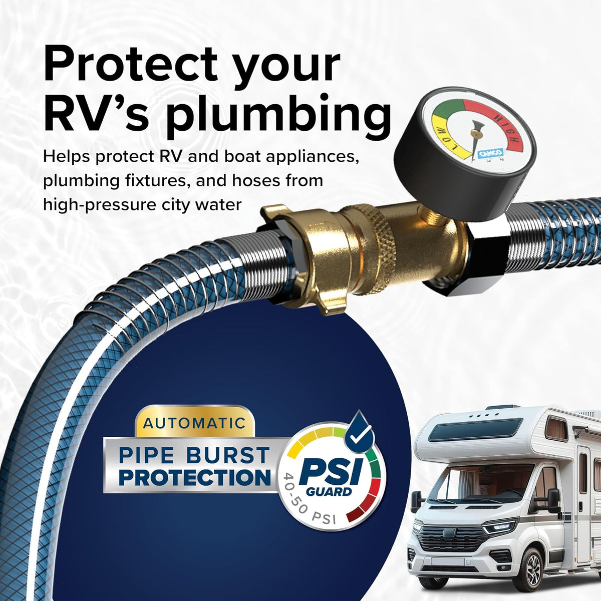 Camco Brass Water Pressure Regulator with Gauge- Helps Protect RV Plumbing and Hoses from High-Pressure City Water - Easy Read Gauge, Lead Free (40064)