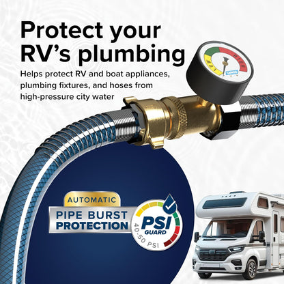 Camco Brass Water Pressure Regulator with Gauge- Helps Protect RV Plumbing and Hoses from High-Pressure City Water - Easy Read Gauge, Lead Free (40064)