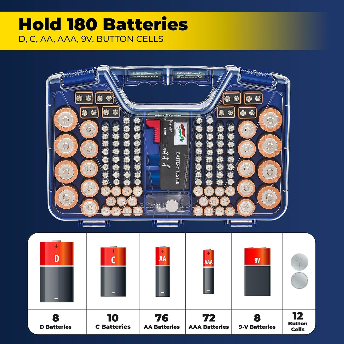 Ontel Battery Daddy - Funda organizadora de batería con probador, almacena y protege hasta 180 baterías, tapa de bloqueo transparente, como se ve en la televisión, color azul