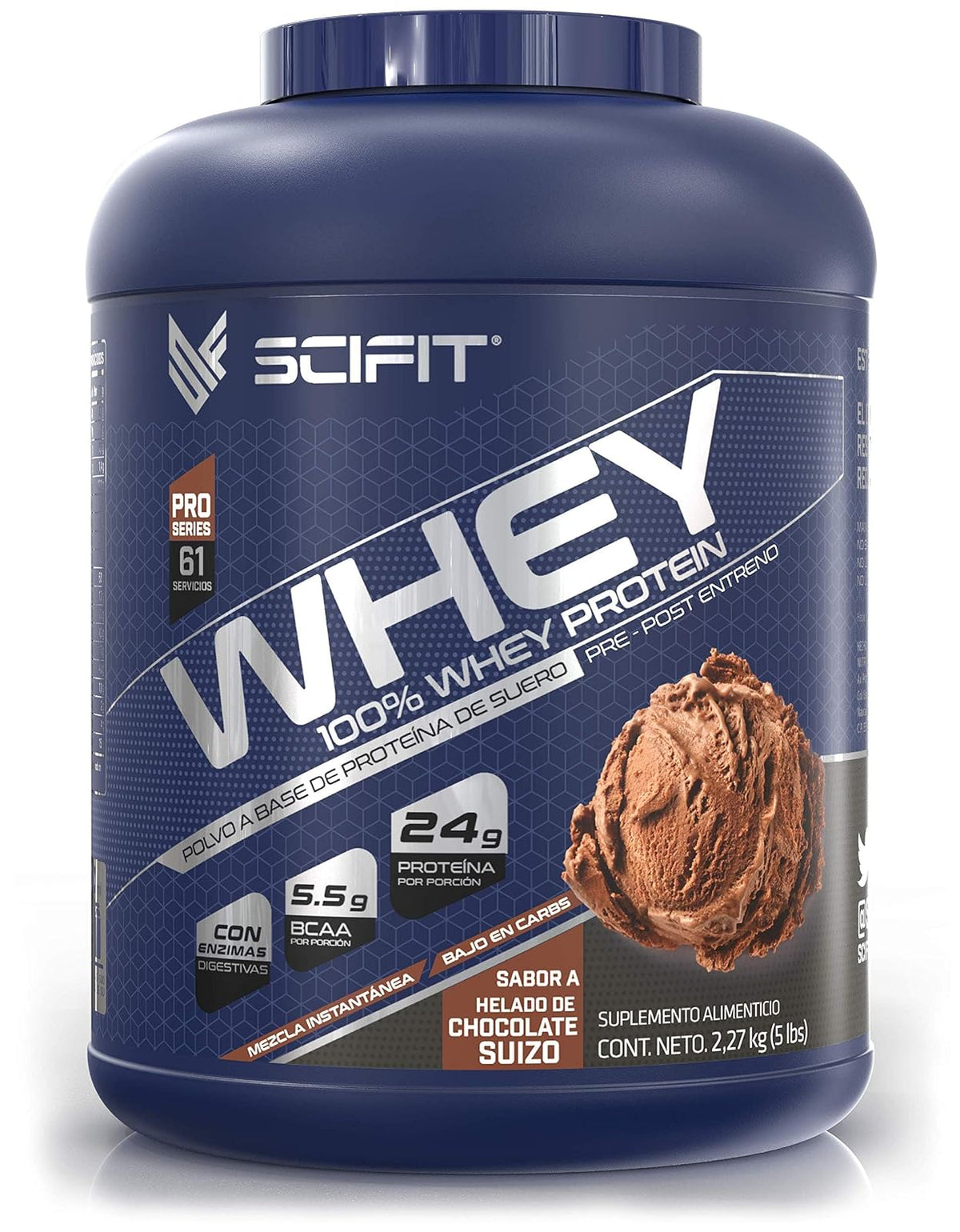 Scifit Proteína Whey 5 lb (2.27 kg)| 24 g de Proteí­na | 100% Whey Protein | 61 Servicios | Sabor Helado de Chocolate| Post Entrenamiento | Bajo en Carbs
