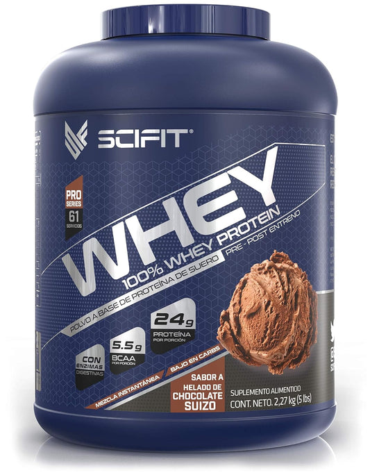 Scifit Proteína Whey 5 lb (2.27 kg)| 24 g de Proteí­na | 100% Whey Protein | 61 Servicios | Sabor Helado de Chocolate| Post Entrenamiento | Bajo en Carbs