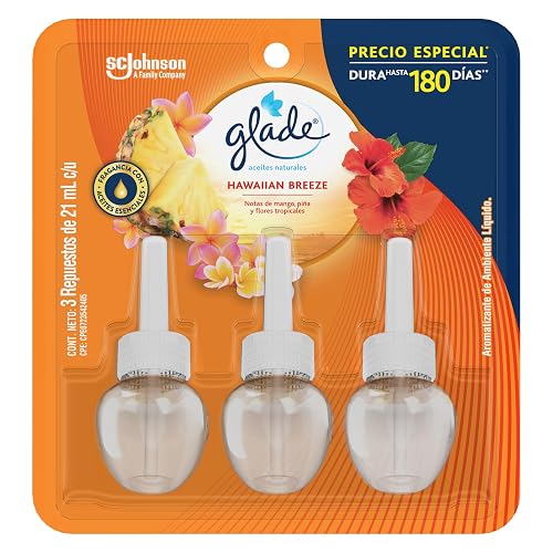 Glade Aceites Naturales Repuesto, Difusor Ambientador, Aroma Hawaiian Breeze, 21 mL, Paquete de 3
