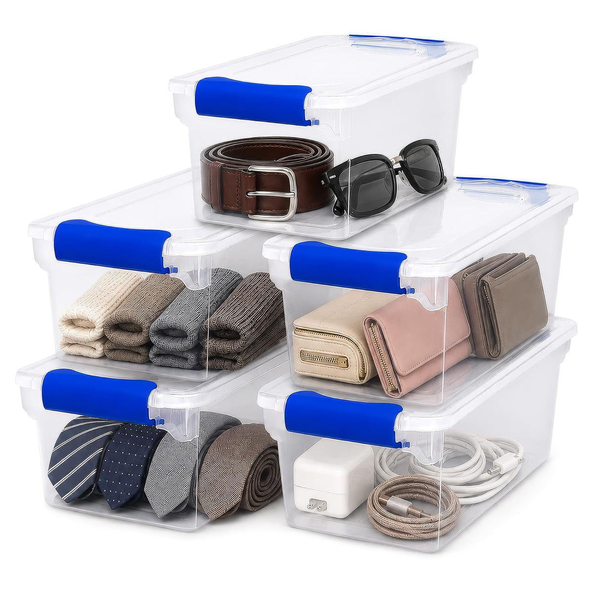Homz Almacenamiento de plástico, 7.5 cuartos - 5 Pack, Purple , Clear, 1, 5 | Juego de contenedores apilables para el hogar, estantes de oficina, cocina, cochera y baño - 7.5 cuartos - 5 Pack