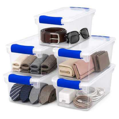 Homz Almacenamiento de plástico, 7.5 cuartos - 5 Pack, Purple , Clear, 1, 5 | Juego de contenedores apilables para el hogar, estantes de oficina, cocina, cochera y baño - 7.5 cuartos - 5 Pack