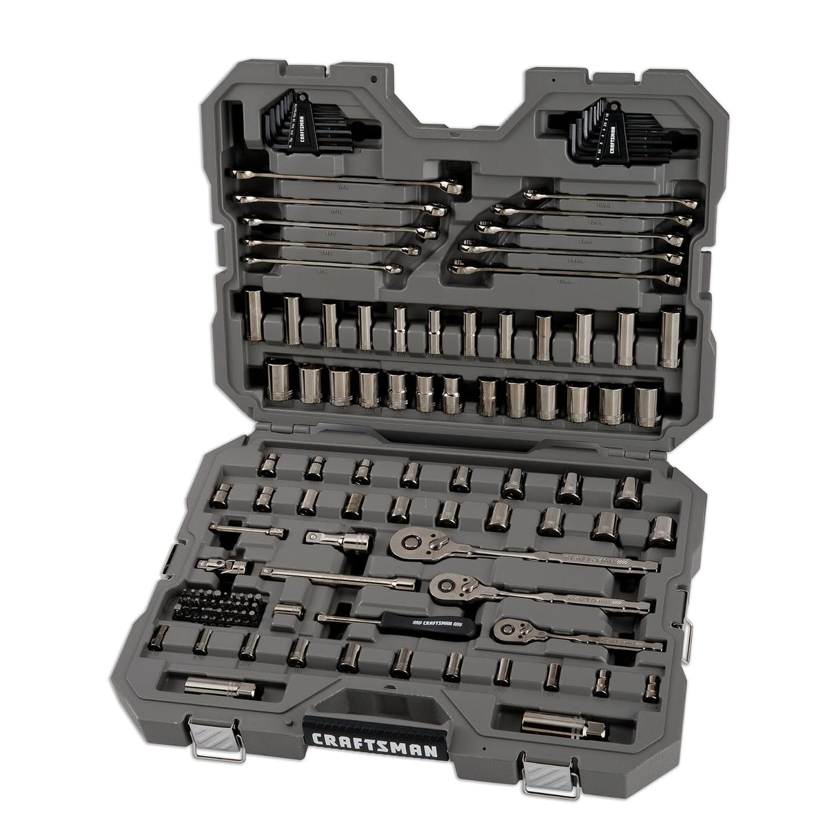 CRAFTSMAN OVERDRIVE Juego de herramientas mecánicas cromadas color pavonado de 121 piezas, estándar SAE/juego de dados métricos, con estuche rígido (CMMT99121L)