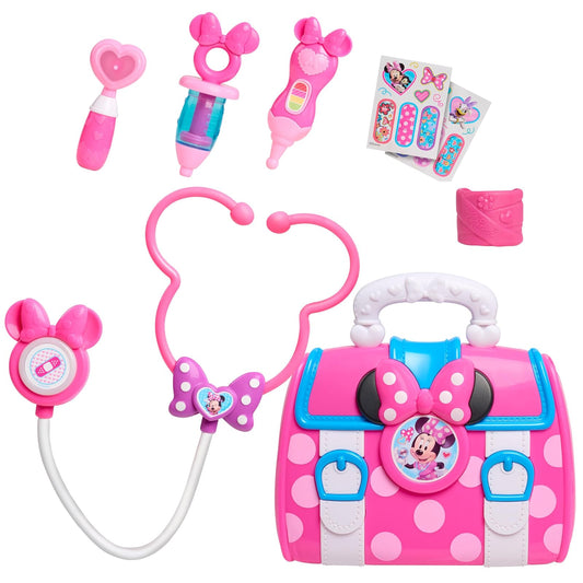 Just Play Bolso de médico con Accesorios Minnie Mouse Bow-Care de Disney Junior, 9 Piezas, Juego de simulación e imaginativo; Juguetes para niños a Partir de 3 años