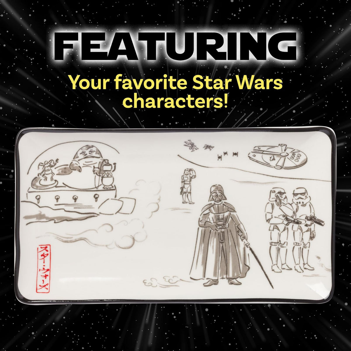 Silver Buffalo Star Wars - Arte japonés de acuarela con Jabba the Hutt, Darth Vader, Stormtroopers juego de sushi de cerámica con plato de salsa para sumergir y palillos a juego